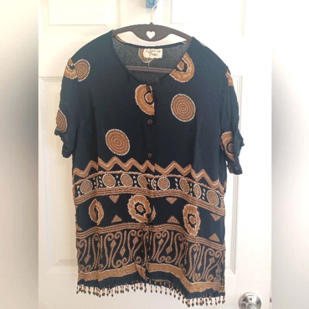 Caribbean Pacific Women's Black Button Down Graphic Print With Beading Size L